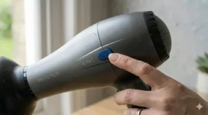 A detailed close-up shot of the blue cool shot button on the handle of a charcoal grey hair dryer, shown as a user applies pressure. The setting is a natural light British bathroom, showcasing the feature for setting styles.
