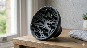 Close-up of a large bowl diffuser attachment for an affordable hair dryer, showing the complex venting pattern and fingers designed to define natural curls and waves.