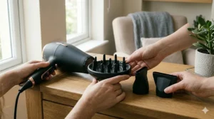 A large bowl diffuser attachment and a slim styling nozzle, essential accessories for styling long and thick hair.