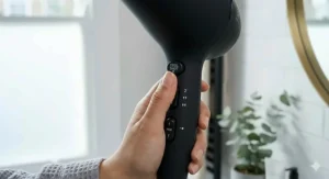 A large diffuser attachment being used with a hair dryer for dry hair to define natural curls without causing dryness.