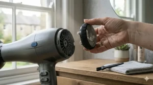A detailed photorealistic 4K close-up of the removable rear filter of the hair dryer. The filter cap is removed to reveal the internal fan chamber and blades, with a cleaning brush resting on an oak vanity next to a waffle-knit cotton towel.