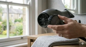 A detailed photorealistic 4K photograph focusing on the removable rear lint filter of the charcoal grey hair dryer. A woman's hand twists the filter's metallic mesh grille as domestic dust particles fall, in a natural light UK bathroom setting.