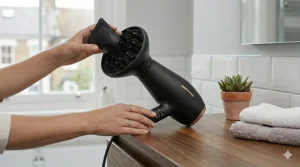 A woman’s hands swapping the diffuser for a styling concentrator nozzle on a high-end hairdryer for precise, low-damage smoothing.
