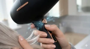 A detailed view of a finger pressing the cool shot button on a hairdryer to set blonde hair styles and add shine.