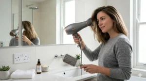 Close up of a hair dryer for oily hair being used with a cool shot setting to prevent overstimulating the scalp's sebaceous glands.