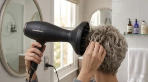 Close-up of a hairdryer diffuser attachment being used on a curly pixie cut to add volume without frizz.