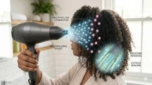 An illustration of a person applying heat protection spray before using a dryer on natural hair.