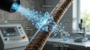 Alt text for image 2 (Illustration 1): A technical illustration showing negative ions breaking down water molecules on a hair strand to speed up drying time and reduce heat damage.