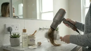 A person sectioning their hair while using a hair dryer for oily hair to ensure the scalp is thoroughly dried and volumised.