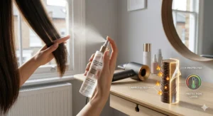 A woman sectioning her hair with clips in front of a mirror, preparing for a professional blow-dry with a smoothing hair dryer.