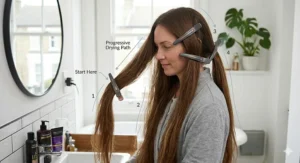 A photorealistic illustration of a woman with very long hair divided into four pinned-up sections, with overlaid vector arrows diagramming a systematic drying path for an efficient blow-dry.