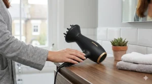 Close-up of a sleek, modern hairdryer on a wooden vanity, highlighting the precise temperature control settings for damage-free drying.