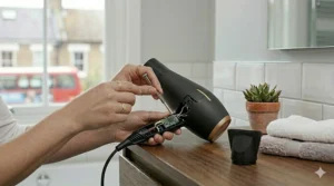 A technical view showing the internal circuitry and intelligent sensor of a hairdryer that prevents overheating and hair breakage.