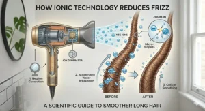 A high-resolution, detailed cross-section illustration showing how a professional hair dryer's internal ionic generator works to break down water molecules and smooth the cuticle of a magnified long hair strand.