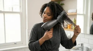 Technical diagram showing how ionic technology in a dryer reduces static and speeds up drying time for thick hair.