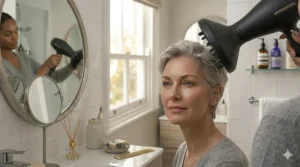 Diagram showing ionic technology in a hairdryer reducing static and flyaways on a sleekly styled pixie cut.