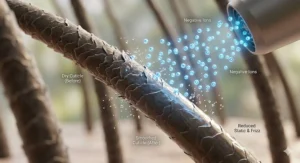 A photorealistic, high-detail micrograph diagram showing how glowing negative ions from a hairdryer interact with human hair shafts to seal the cuticle and reduce static, resulting in smooth, frizz-free hair.