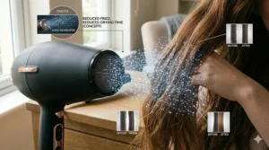 Illustration showing how negative ions break down water molecules to reduce frizz and speed up drying time for thick hair.