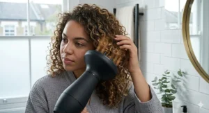Technical diagram showing how negative ions from a hair dryer for dry hair reduce frizz and lock in moisture for a smooth finish.