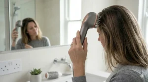 Technical illustration of ionic technology in a hair dryer for oily hair, breaking down water molecules for a faster, smoother blow-dry.