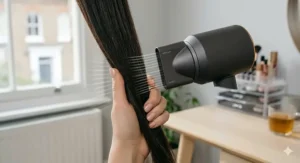 Detailed illustration of a smoothing hair dryer using ionic technology to reduce frizz and create a polished, straight finish.