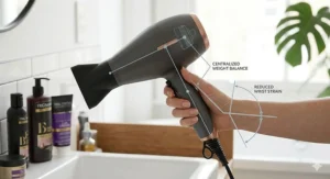A 4K photorealistic close-up of an ergonomically designed hair dryer held in a hand, with overlaid diagrams highlighting centralised weight balance and reduced wrist strain using British spelling.