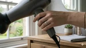 A photorealistic image showing a woman's hand holding the charcoal grey hair dryer. The hand and dryer are held comfortably, emphasising the lightweight, ergonomic easy-grip design in a sunlit UK bathroom.