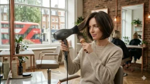 A lightweight, ergonomic hair dryer being held at an angle to style the back of a stacked bob haircut.
