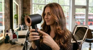 A lightweight, ergonomic hair dryer being held easily, suitable for DIY home styling for colour-treated hair.