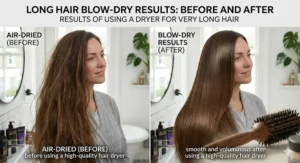 A side-by-side comparison of very long hair: the before side showing air-dried, frizzy hair and the after side showing smooth, voluminous results after using a high-quality hair dryer.