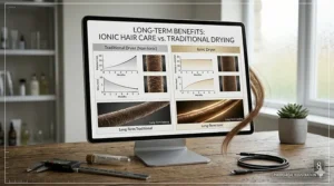 Alt text for image 9 (Illustration 8): A visual representation of improved hair moisture retention and natural shine after consistent use of ionic drying technology.