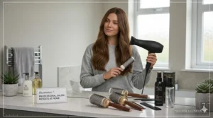 Alt text for image 8 (Illustration 7): A woman in a modern British bathroom achieving a salon-quality blow-dry using a matte black ionic hairdryer with a concentrator nozzle.