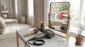 A premium professional hair dryer on a marble dressing table next to hair serum, ideal for maintaining a bob haircut at home.