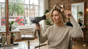 Using a ceramic round brush and a hair dryer to create volume at the roots of a graduated bob haircut.