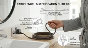 A 4K quality photorealistic illustration of a hair dryer power cable and fused (BS 1363) UK 3-pin plug, with technical diagrams labelling the 3-metre salon-length lead and internal conductor specifications.