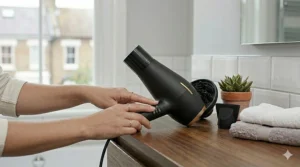 A professional hairdryer resting on a bathroom counter with a London street view in the background, showcasing its sleek, modern aesthetic.