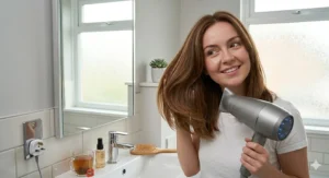 A woman with shiny, voluminous hair achieving a professional salon-style blow-dry using an ionic dryer.