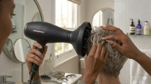 A finger pressing the cool shot button on a hairdryer to set a textured pixie hairstyle in place.