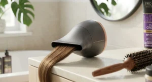 A 4K quality, detailed close-up illustration of a slim concentrator nozzle attachment resting on a vanity, with a tress of smooth brunette hair passing beneath it to demonstrate precision airflow.