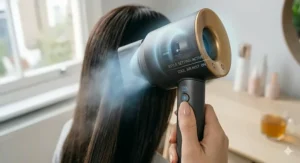 Photorealistic demonstration of using a smoothing hair dryer with a paddle brush to flatten the hair cuticle for a sleek look.