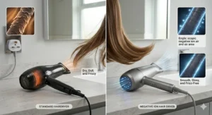 Side-by-side comparison of hair texture after using a standard dryer versus a negative ion hair dryer.