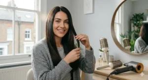 A side-by-side comparison showing the high-frizz results of a standard dryer versus the sleek, straight finish of a smoothing ionic dryer.