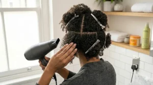 A person using the tension method with a hairdryer to safely stretch curls without using high heat.