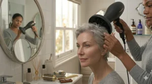 A small ceramic radial brush and a hairdryer being used together to create lift at the roots of a pixie cut.