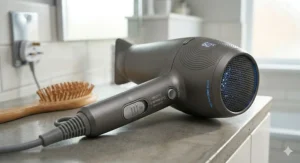Close-up of the British 3-pin plug and variable heat settings on a professional ionic hairdryer.
