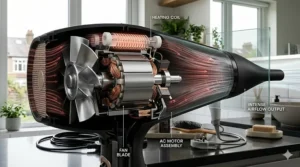 Cross-section diagram showing the powerful airflow output of an AC motor hair dryer.