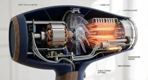 An illustration showing the powerful, consistent airflow pattern produced by an AC motor hair dryer, designed for efficient and rapid drying.