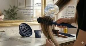 An illustration showing the transformation of hair from frizzy to sleek and glossy using ionic technology paired with an AC motor hair dryer.