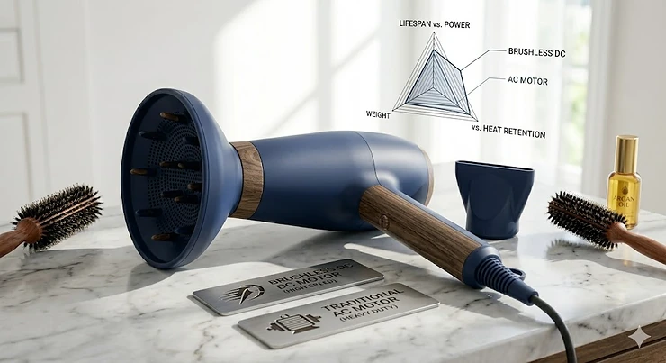 A comparison chart detailing the key benefits of an AC motor hair dryer versus a standard model, including lifespan, heat control, and motor power. ac motor hair dryer