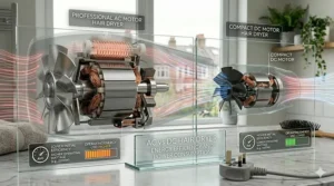 An infographic illustrating the energy efficiency differences between AC and DC motor hair dryers.